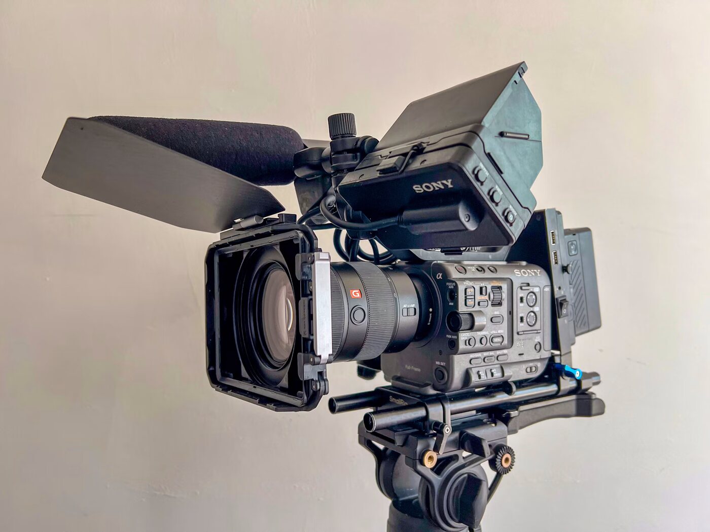Sony FX6 camera with 24-70mm lens, battery plate and top handle